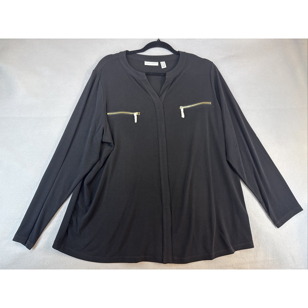 Susan Graver Black Blouse With Gold Zippers Women's 1X Long Sleeve, New No Tags